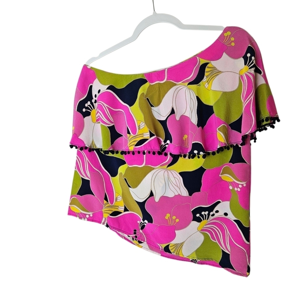 Trina Turk Kahe One Shoulder Floral Silk Top With Ruffle Overlay *Pink Spots* M - Picture 4 of 14